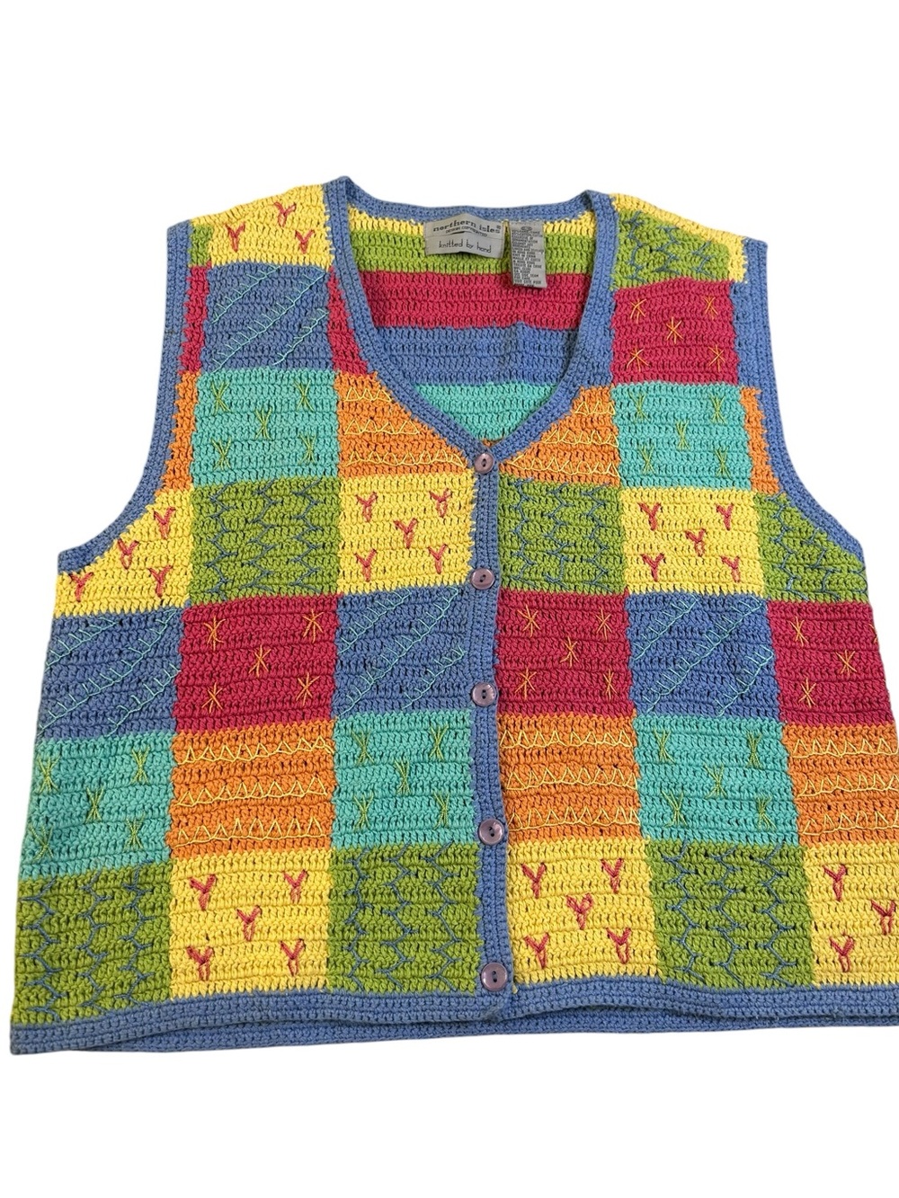NORTHERN ISLES VTG 80s Hand Knit Patchwork Stripe Sweater Vest M Dopamine Granny